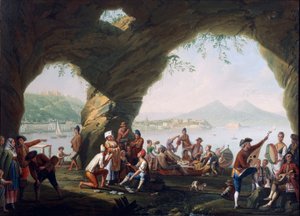 Scener af hverdagsliv i en hule i Posillipo, nær Napoli, af Pietro Fabris (olie på lærred) af Pietro Fabris