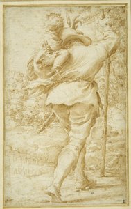 St. Christopher fragter Kristusbarnet (pen og brunt blæk på hvidt papir)