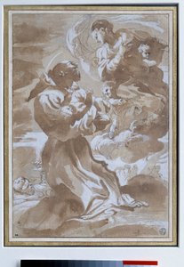 Jomfruen overlader Jesusbarnet til den hellige Francois af Assisi Tegning af Pietro Faccini (1560-1602) 1500-tallet søn. 0,23 x 0,33 m Paris. Louvre-museet