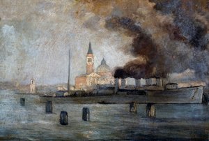 Pyhän Justuksen kirkko Venetsiassa, Pietro Fragiacomo (1856-1922), öljy paneelille, 39x58 cm