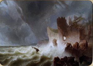 Lido solitario Marinelandskab, med skib fanget i stormen, og styrtede ned på klipperne. Maleri af Pietro Giuria (1800-tallet) Dim. 140x200 cm Genes Nervi, Galleria d
