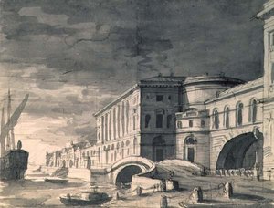 Udsigt over Neva Embankment med Hermitage Theatre i centrum, efter 1802 (pen, pensel, blæk og blyant)