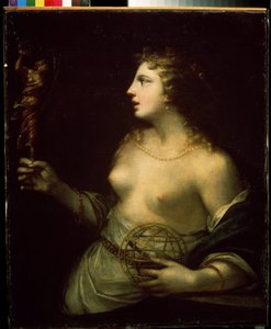 ""Urania"" (Urania) repræsentation af den beskyttende muse for astronomi og astrologi, der holder en hånd på en kugle. Maleri af Pietro Liberi (1614-1687) Mikhail Kroshitsky kunstmuseum fra det 17. århundrede, Sevastopol (Sevastopol) Ukraine