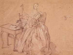 En kvinde, der spinder (farvekridt og hvidt kridt på papir) af Pietro Longhi