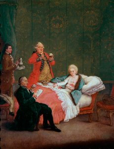 Morgenchokolade ung kvinde af adelen ligger i sin seng serveret af tre mænd. Maleri af Pietro Longhi (1702-1785) 1775-1780. Svag. 60x47 cm Ca 
