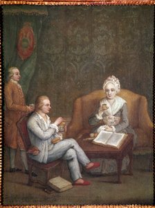Portræt af Adriana Giustinian med sin søn Gerolamo Ascanio, der tager varm chokolade (Adriana Giustinian Barbarigo og hendes søn Gerolamo Ascanio, der tager en kop chokolade) Maleri af Pietro Longhi (1702-1785) 1779 ca. Dim 58x45 cm Venedig, Ca 