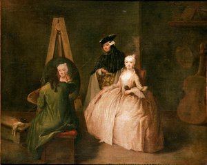 Malerens atelier Maleren foran sit staffeli portrætterer en ung kvinde. Maleri af Pietro Longhi (1702-1785) 1740-1745 søn. 44x53 cm Venedig, Ca 