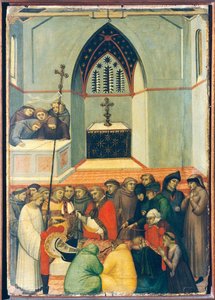 Den velsignedes opgravede krop findes intakt og frisk, tegl på altertavlen af den velsignede ydmyghed af Pietro Lorenzetti (ca. 1280-1348), tempera og guld på træpanel. af Pietro Lorenzetti