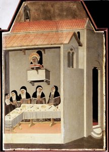 Den analfabetiske helgen læser mirakuløst (polytykon om Saint Ydmyghedens liv) - Detrempe på træ 1300-tallet af Pietro Lorenzetti