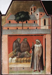 Helgenen bringer mursten til at bygge et nyt kloster i Firenze (detalje af Saint Ydmyghedens polyptikonliv) - Detrempe på træ af Pietro Lorenzetti