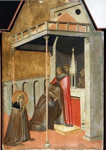 Ugolotti tog den klosterlige vane (detalje af Saint Ydmyghedens polytykonliv) - Detrempe på træ af Pietro Lorenzetti