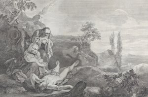 Adam og Eva til venstre, som et ældre ægtepar, sørgende over liget af Abel, der ligger i..., 1743-63.