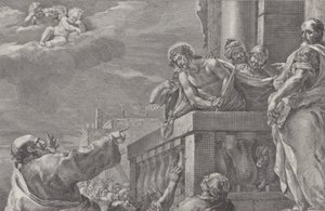 Kristus på en balkon omgivet af vagter, Pilatus står til højre og gestikulerer towa..., ca. 1730-39.