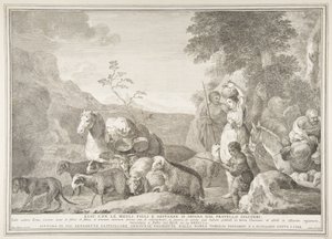 Esau og hans familie skiller sig af med Jakob Esau med hans hustruer sønner og stoffer sepa ..., 1743-63. af Pietro Monaco