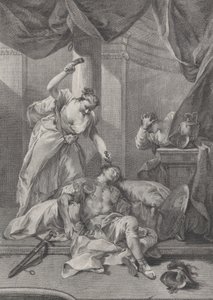 Jael hamrer en teltpløkke ind i den sovende Siseras tempel, til højre a se..., ca. 1730-39.