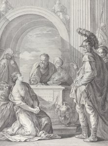 Jeftas datter knælende ved offeralteret, med sin far stående ved højre... 1730-50. af Pietro Monaco