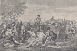 Josef blev solgt til slaveri af sine brødre, som sidder omkring en brønd, der deler c..., 1730-39.