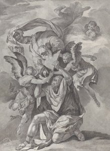 Moses modtager lovens tavler fra Gud, der stiger ned fra himlen, fra..., ca. 1730-39.