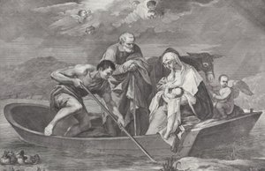 Flugten til Egypten med den hellige familie i en båd, 1730-50.