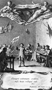 Carlo Goldoni vifter med et flag for at fejre sit år på jesuitskolen i Perugia, fra 