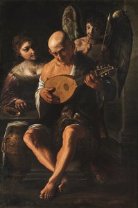 En ældre mand spiller guitar med en kvinde og en putto til stede (olie på lærred)
