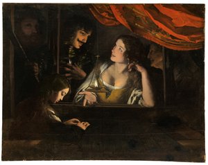 Figurer i interiør omkring en lanterne
