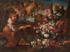 En pige blandt blomster og frugter af Pietro Paolo Bonzi