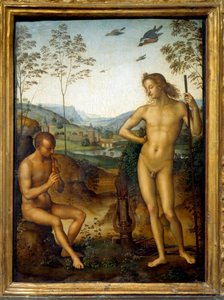 Apollo og Marsyas "" Marsyas spiller på fløjte før Apollo, King of the Lyre, efter udfordring. Maleri af Pietro Vannucci af Perugino (1450-1523) Søn. 0,39x0,29 m af Pietro Perugino