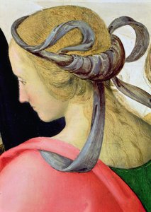 Jomfruens ægteskab, detalje der viser en af Jomfruernes ledsagere, 1500-04 olie på lærred detalje af 53750 af Pietro Perugino