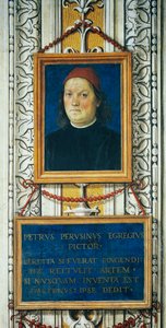 Selvportræt og titelblok af Pietro Perugino