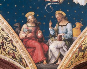 St Luke og St John, detalje fra Den Evige Fader, med helgener og evangelister