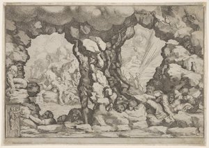 En kæmpe hæver en kampesten i midten, andre kæmper til venstre og højre kæmper og rec..., ca. 1680.