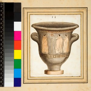 En vase med rød figur (sort kridt, nogle med kuglepen og brunt blæk. farvet med akvarel)