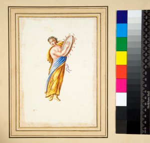 Draperet figur, der slår en tromme (sort kridt, nogle med pen og brunt blæk. farvet med akvarel) af Pietro Santi Bartoli