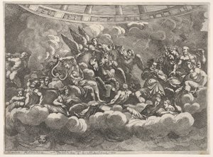 Indsamling af forskellige olympiske guder og mytologiske figurer blandt skyer, Apollo at ce..., ca. 1680.