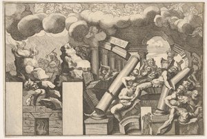Kæmper knust af sten og templets faldende søjler, røgskyer over..., ca. 1680.