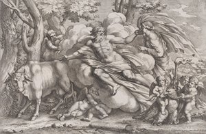 Io til venstre som en ko, Jupiter på en sky i midten og Juno til højre med pu..., 1650-90.