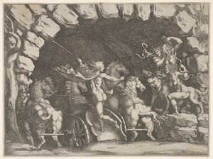 Pluto, set bagfra, går ind i underverdenen på sin vogn, Cerberus og tre Fu..., ca. 1680.