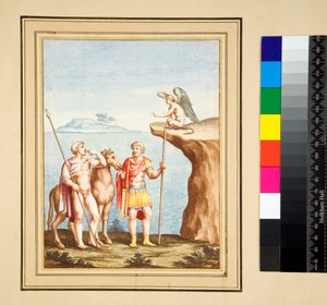 To figurer og en Sphynx (sort kridt, nogle med pen og brunt blæk. farvet med akvarel) af Pietro Santi Bartoli