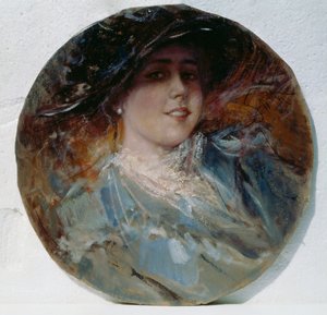 Strålende smil, af Pietro Scoppetta (1863-1920), olie på lærred påført på pap, 37,5 cm