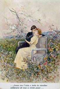To elskende, illustration af Pietro Scoppetta (1863-1920), Italien, 20. århundrede
