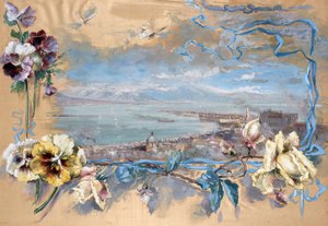 Udsigt over Napoli gennem stedmoderblomster (maleri på silke)