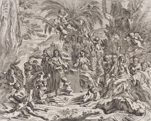 En allegori over maleriet, der som barn i midten til venstre tegner på en tavle, surrounde..., 1637-38. af Pietro Testa