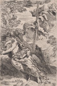 Maria Magdalene i ørkenen, et kors båret af engle til højre, ca. 1630. af Pietro Testa