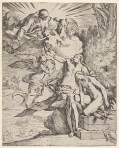Isaks offer: en engel presser sig mod den dolkbærende arm af Abraham, som ..., ca.1645-50. af Pietro Testa