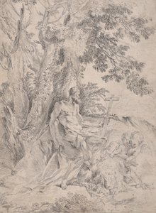 Sankt Hieronymus før et krucifiks ledsaget af en løve og tre putti, ca. 1631-37. af Pietro Testa