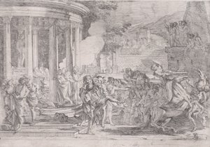 Sinorix båret fra Artemis tempel i et forsøg på at undslippe virkningerne af giften..., ca. 1640. af Pietro Testa