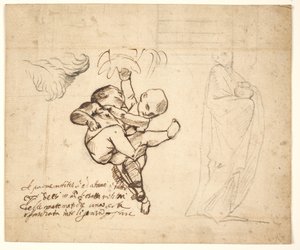 Studie til to spillende putti, blade og en draperet figur med en urne af Pietro Testa