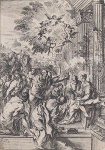 Magiernes tilbedelse, sat foran og arkitektonisk søjlegang, ca. 1640. af Pietro Testa