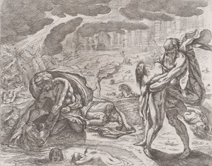 Syndfloden, figurer, der trækkes op af vandet, ca. 1640-42. af Pietro Testa